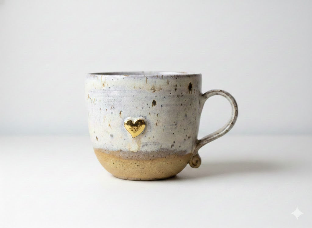 Handmade Ceramic Heart Cup with Gold Lustre | Stoneware Coffee Mug