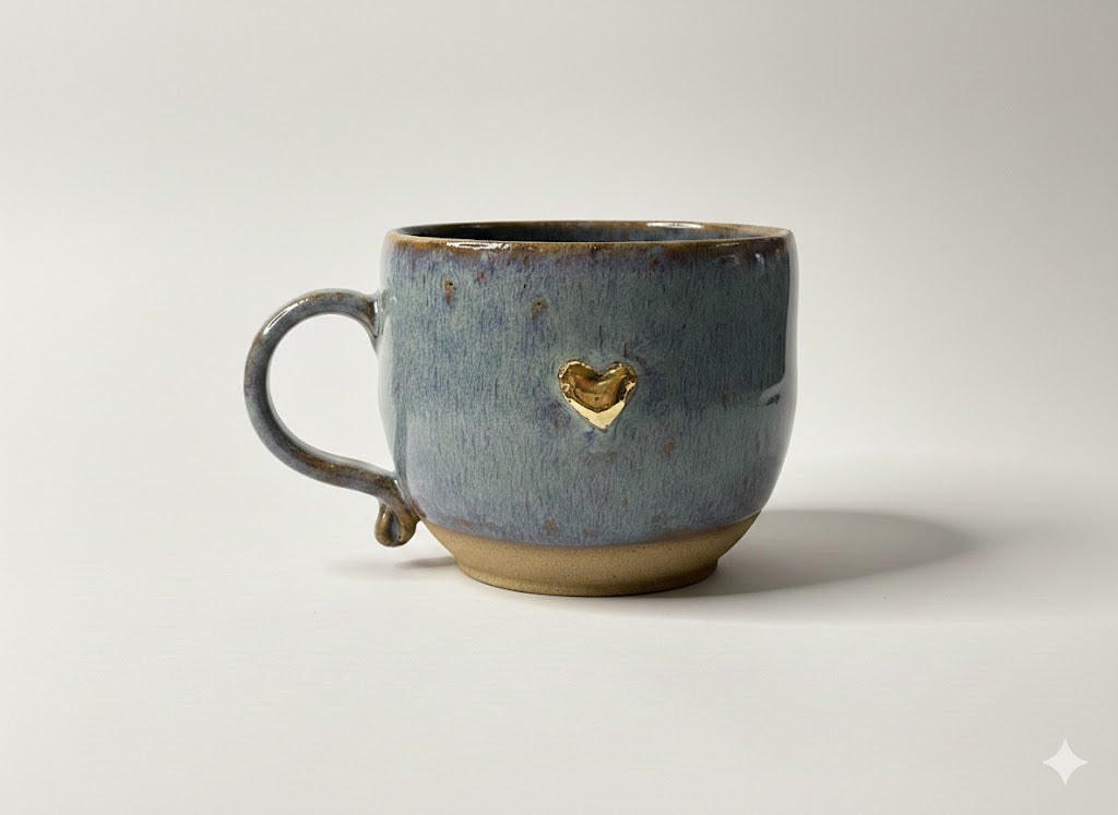 Handmade Ceramic Heart Cup with Gold Lustre | Stoneware Coffee Mug