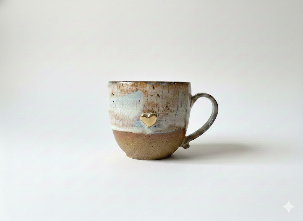 Handmade Ceramic Heart Cup with Gold Lustre | Stoneware Coffee Mug